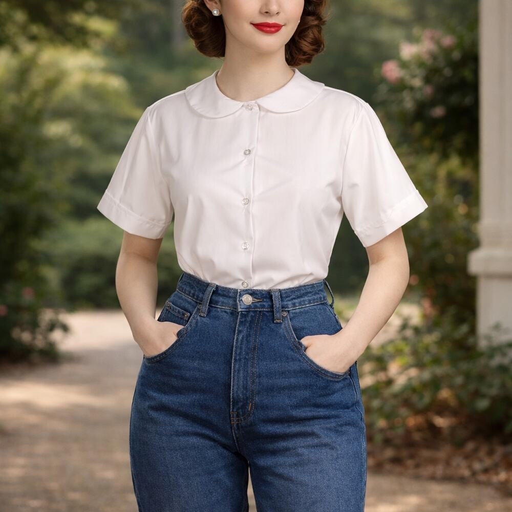 White Peter Pan Collar Short Sleeve Blouse Button Up Poly Cotton Adult Sz Large - Picture 3 of 7